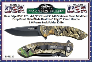 Bear & Son Cutlery BS61120 Assisted Opener Pocket Knife 4-3/8" Closed 3" 440 Stainless Steel Modified Drop Point Realtree Edge Plain Blade Aluminum Camo Handles