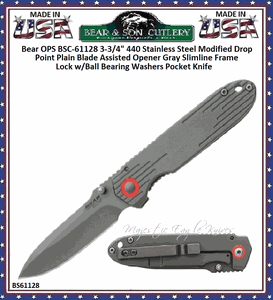 Bear & Son Cutlery BS61128 3-3/4" Closed 2-1/2" Gray Slimline Framelock W/ball Bearing Washer Edge Plain Blade Stainless Steel Handle