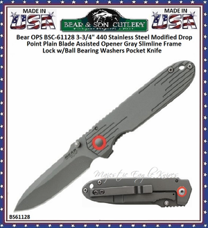 Bear & Son Cutlery BS61128 3-3/4" Closed 2-1/2" Gray Slimline Framelock W/ball Bearing Washer Edge Plain Blade Stainless Steel Handle