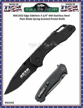 Bear & Son Cutlery BS61502 Edge Sideliner 3-1/4" 440 Stainless Steel Plain Blade Spring Assisted Pocket Knife   