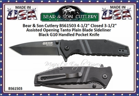 Bear & Son Cutlery BS61503 4-1/2" Closed 3-1/2" Assisted Opening Tanto Plain Blade Sideliner Black G10 Handled Pocket Knife 