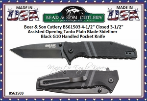 Bear & Son Cutlery BS61503 4-1/2" Closed 3-1/2" Assisted Opening Tanto Plain Blade Sideliner Black G10 Handled Pocket Knife 