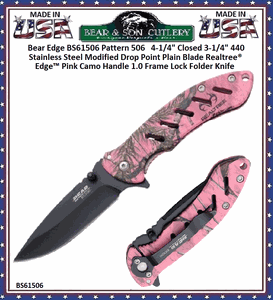 Bear & Son Cutlery BS61506 4-1/2" Closed 3-1/2" Assisted Opening Drop Point Plain Blade Sideliner Black G10 Pink Camo Handled Pocket Knife 