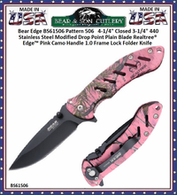 Bear & Son Cutlery BS61506 4-1/2" Closed 3-1/2" Assisted Opening Drop Point Plain Blade Sideliner Black G10 Pink Camo Handled Pocket Knife Bear & Son Cutlery BS61506 4-1/2" Closed 3-1/2" Assisted Opening Drop Point Plain Blade Sideliner Black G10 Pink Camo Handled Pocket Knife