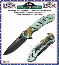 Bear & Son Cutlery BS61508 4-1/2" Closed 3-1/2" Assisted Opening Drop Point Plain Blade Sideliner Black G10 Realtree Teal Handled Pocket Knife Bear & Son Cutlery BS61508 4-1/2" Closed 3-1/2" Assisted Opening Drop Point Plain Blade Sideliner Black G10 Realtree Teal Handled Pocket Knife