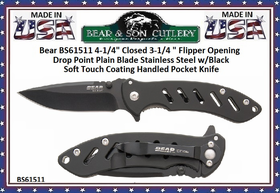 Bear & Son Cutlery BS61511 4-1/4" Closed 3-1/4 " Flipper Opening Drop Point Plain Blade Stainless Steel w/Black Soft Touch Coating Handled Pocket Knife
