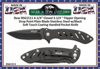 Bear & Son Cutlery BS61511 4-1/4" Closed 3-1/4 " Flipper Opening Drop Point Plain Blade Stainless Steel w/Black Soft Touch Coating Handled Pocket Knife Bear & Son Cutlery BS61511 4-1/4" Closed 3-1/4 " Flipper Opening Drop Point Plain Blade Stainless Steel w/Black Soft Touch Coating Handled Pocket Knife