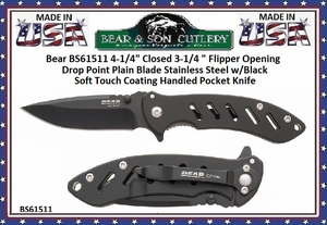 Bear & Son Cutlery BS61511 4-1/4" Closed 3-1/4 " Flipper Opening Drop Point Plain Blade Stainless Steel w/Black Soft Touch Coating Handled Pocket Knife