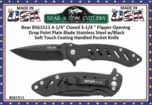 Bear & Son Cutlery BS61511 4-1/4" Closed 3-1/4 " Flipper Opening Drop Point Plain Blade Stainless Steel w/Black Soft Touch Coating Handled Pocket Knife