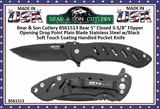 Bear & Son Cutlery BS61513 Bear 5" Closed 3-5/8" Flipper Opening Drop Point Plain Blade Stainless Steel w/Black Soft Touch Coating Handled Pocket Knife 