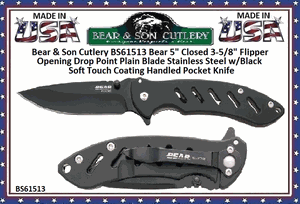 Bear & Son Cutlery BS61513 Bear 5" Closed 3-5/8" Flipper Opening Drop Point Plain Blade Stainless Steel w/Black Soft Touch Coating Handled Pocket Knife 