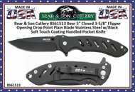 Bear & Son Cutlery BS61513 Bear 5" Closed 3-5/8" Flipper Opening Drop Point Plain Blade Stainless Steel w/Black Soft Touch Coating Handled Pocket Knife 