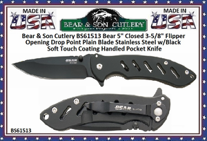 Bear & Son Cutlery BS61513 Bear 5" Closed 3-5/8" Flipper Opening Drop Point Plain Blade Stainless Steel w/Black Soft Touch Coating Handled Pocket Knife 