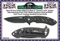 Bear & Son Cutlery BS61513 Bear 5" Closed 3-5/8" Flipper Opening Drop Point Plain Blade Stainless Steel w/Black Soft Touch Coating Handled Pocket Knife Bear & Son Cutlery BS61513 Bear 5" Closed 3-5/8" Flipper Opening Drop Point Plain Blade Stainless Steel w/Black Soft Touch Coating Handled Pocket Knife