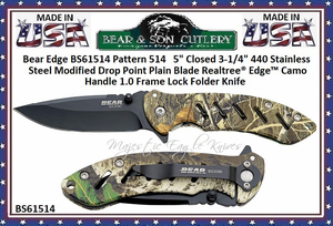 Bear & Son Cutlery BS61514 4-1/2" Closed 3-1/2" Assisted Opening Drop Point Plain Blade Sideliner Black G10 Reartree Handled Pocket Knife 
