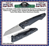 Bear & Son Cutlery BSAC-1500-AIBK-P Bear OPS Bold Action XV AUTO Folding Pocket Knife 4-1/2" Closed 3-1/16" Sandvik 14C28N Bead Blast Reverse Tanto Plain Blade, Black Aluminum Handles Bear & Son Cutlery BSAC-1500-AIBK-P Bear OPS Bold Action XV AUTO Folding Pocket Knife 4-1/2" Closed 3-1/16" Sandvik 14C28N Bead Blast Reverse Tanto Plain Blade, Black Aluminum Handles