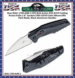 Bear & Son Cutlery BSAC-1700-AIBK-S Bear OPS Bold Action XVII AUTO Folding Pocket Knife 2.8" Sandvik CPM-S35VN Satin Wharncliffe Plain Blade, Black Aluminum Handles 