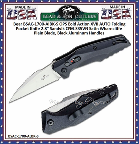 Bear & Son Cutlery BSAC-1700-AIBK-S Bear OPS Bold Action XVII AUTO Folding Pocket Knife 2.8" Sandvik CPM-S35VN Satin Wharncliffe Plain Blade, Black Aluminum Handles 