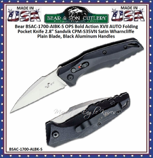 Bear & Son Cutlery BSAC-1700-AIBK-S Bear OPS Bold Action XVII AUTO Folding Pocket Knife 2.8" Sandvik CPM-S35VN Satin Wharncliffe Plain Blade, Black Aluminum Handles Bear & Son Cutlery BSAC-1700-AIBK-S Bear OPS Bold Action XVII AUTO Folding Pocket Knife 2.8" Sandvik CPM-S35VN Satin Wharncliffe Plain Blade, Black Aluminum Handles