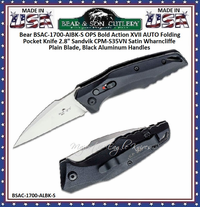 Bear & Son Cutlery BSAC-1700-AIBK-S Bear OPS Bold Action XVII AUTO Folding Pocket Knife 2.8" Sandvik CPM-S35VN Satin Wharncliffe Plain Blade, Black Aluminum Handles Bear & Son Cutlery BSAC-1700-AIBK-S Bear OPS Bold Action XVII AUTO Folding Pocket Knife 2.8" Sandvik CPM-S35VN Satin Wharncliffe Plain Blade, Black Aluminum Handles