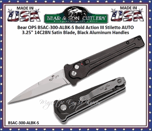 Bear & Son Cutlery BSAC-350-ALBK-S Bear OPS Bold Action III Stiletto AUTO 5" Closed 3-1/2" 14C28N Satin Plain Blade, Black Aluminum Handles