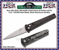 Bear & Son Cutlery BSAC-350-ALBK-S Bear OPS Bold Action III Stiletto AUTO 5" Closed 3-1/2" 14C28N Satin Plain Blade, Black Aluminum Handles Bear & Son Cutlery BSAC-350-ALBK-S Bear OPS Bold Action III Stiletto AUTO 5" Closed 3-1/2" 14C28N Satin Plain Blade, Black Aluminum Handles