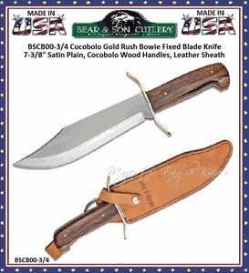 Bear & Son Cutlery BSCB00-3/4 Cocobolo Gold Rush Bowie Fixed Blade Knife 7.3/8" Satin Plain, Cocobolo Wood Handles, Leather Sheath  
