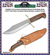 Bear & Son Cutlery BSCB00-3/4 Cocobolo Gold Rush Bowie Fixed Blade Knife 7.3/8" Satin Plain, Cocobolo Wood Handles, Leather Sheath Bear & Son Cutlery BSCB00-3/4 Cocobolo Gold Rush Bowie Fixed Blade Knife 7.3/8" Satin Plain, Cocobolo Wood Handles, Leather Sheath