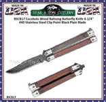 Bear & Son Cutlery BSCB17 Cocobolo Wood Balisong Butterfly Knife 4-1/4" 440 Stainless Steel Clip Point Black Plain Blade