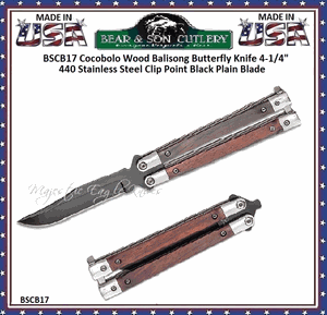 Bear & Son Cutlery BSCB17 Cocobolo Wood Balisong Butterfly Knife 4-1/4" 440 Stainless Steel Clip Point Black Plain Blade