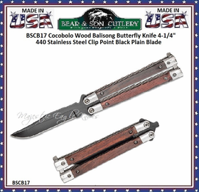Bear & Son Cutlery BSCB17 Cocobolo Wood Balisong Butterfly Knife 4-1/4" 440 Stainless Steel Clip Point Black Plain Blade