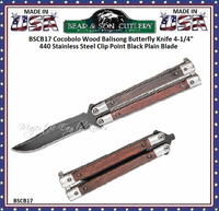 Bear & Son Cutlery BSCB17 Cocobolo Wood Balisong Butterfly Knife 4-1/4" 440 Stainless Steel Clip Point Black Plain Blade Bear & Son Cutlery BSCB17 Cocobolo Wood Balisong Butterfly Knife 4-1/4" 440 Stainless Steel Clip Point Black Plain Blade