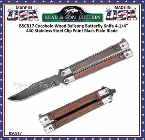 Bear & Son Cutlery BSCB17 Cocobolo Wood Balisong Butterfly Knife 4-1/4" 440 Stainless Steel Clip Point Black Plain Blade