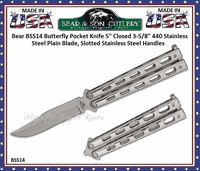 Bear & Son Cutlery BSS14 Butterfly Knife 5" Closed 3-5/8" Clip Point Plain Blade Stainless Steel Handles Bear & Son Cutlery BSS14 Butterfly Knife 5" Closed 3-5/8" Clip Point Plain Blade Stainless Steel Handles
