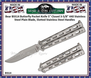 Bear & Son Cutlery BSS14 Butterfly Knife 5" Closed 3-5/8" Clip Point Plain Blade Stainless Steel Handles