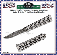 Bear & Son Cutlery BSSS14D Butterfly Knife 3-5.8" Damascus Steel Clip Point Plain Blade Stainless Steel Handles Bear & Son Cutlery BSSS14D Butterfly Knife 3-5.8" Damascus Steel Clip Point Plain Blade Stainless Steel Handles