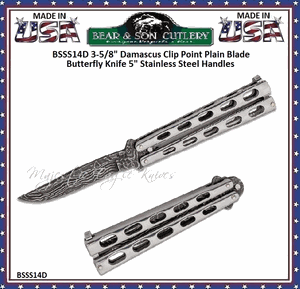 Bear & Son Cutlery BSSS14D 3-5/8" Damascus Clip Point Plain Blade Butterfly Knife 5" Stainless Steel Handles