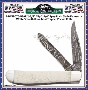 Bear & Son Cutlery BSWSB07D BEAR 2 3/4" Clip 2 3/4" Spey Plain Blade Damascus White Smooth Bone Mini Trapper Pocket Knife
