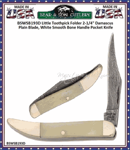 Bear & Son Cutlery BSWSB193D-1/2 Little Toothpick Folder 2-1/4" Damascus Plain Blade, White Smooth Bone Handle Pocket Knife