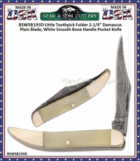 Bear & Son Cutlery BSWSB193D-1/2 Little Toothpick Folder 2-1/4" Damascus Plain Blade, White Smooth Bone Handle Pocket Knife Bear & Son Cutlery BSWSB193D-1/2 Little Toothpick Folder 2-1/4" Damascus Plain Blade, White Smooth Bone Handle Pocket Knife