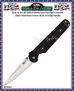 Bear & Sons Cutlery Bear Ops BC32014 Stiletto Linerlock Knife 3 1/8" CPM-S30V Stainless Steel Stiletto Plain Blade Black G-10 Onlay Handles Black Nylon Storage Pouch