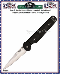 Bear & Sons Cutlery Bear Ops BC32014 Stiletto Linerlock Knife 3 1/8" CPM-S30V Stainless Steel Stiletto Plain Blade Black G-10 Onlay Handles Black Nylon Storage Pouch Bear & Sons Cutlery Bear Ops BC32014 Stiletto Linerlock Knife 3 1/8" CPM-S30V Stainless Steel Stiletto Plain Blade Black G-10 Onlay Handles Black Nylon Storage Pouch