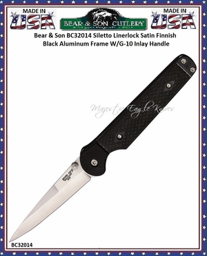 Bear & Sons Cutlery Bear Ops BC32014 Stiletto Linerlock Knife 3 1/8" CPM-S30V Stainless Steel Stiletto Plain Blade Black G-10 Onlay Handles Black Nylon Storage Pouch