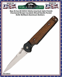 Bear & Sons Cutlery Bear Ops BC32015 Stiletto Linerlock Knife 3 1/8" CPM-S30V Stainless Steel Stiletto Plain Blade Checkered Brown Cocobolo Wood Handles Black Nylon Storage Pouch Bear & Sons Cutlery Bear Ops BC32015 Stiletto Linerlock Knife 3 1/8" CPM-S30V Stainless Steel Stiletto Plain Blade Checkered Brown Cocobolo Wood Handles Black Nylon Storage Pouch