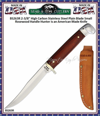Bear & Sons Cutlery BS263R Bear 2-3/8" High Carbon Steel Plain Blade, Rosewood Handle Small Hunter Brown Leather Sheath Bear & Sons Cutlery BS263R Bear 2-3/8" High Carbon Steel Plain Blade, Rosewood Handle Small Hunter Brown Leather Sheath