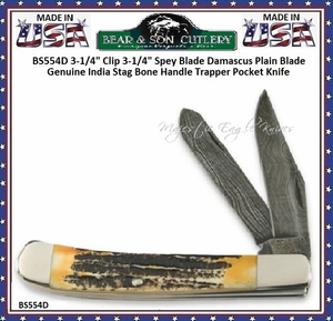 Bear & Sons Cutlery BS554D 3-1/4" Clip 3-1/4" Spey Blade Damascus Plain Blade Genuine India Stag Bone Handle Trapper Pocket Knife