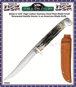 Bear & Sons Cutlery BS563 Fixed Blade Knife 3.15" Polished Clip Point, Genuine India Stag Handles w/ Nickel Silver Bolsters, Leather Sheath