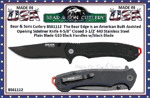 Bear & Sons Cutlery BS61112 The Bear Edge is an American Built Assisted  Opening Sideliner Knife 4-5/8" Closed 3-1/2' 440 Stainless Steel Plain Blade G10 Black Handles w/black Blade