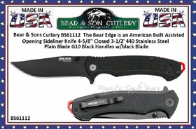 Bear & Sons Cutlery BS61112 The Bear Edge is an American Built Assisted  Opening Sideliner Knife 4-5/8" Closed 3-1/2' 440 Stainless Steel Plain Blade G10 Black Handles w/black Blade