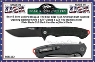 Bear & Sons Cutlery BS61112 The Bear Edge is an American Built Assisted  Opening Sideliner Knife 4-5/8" Closed 3-1/2' 440 Stainless Steel Plain Blade G10 Black Handles w/black Blade